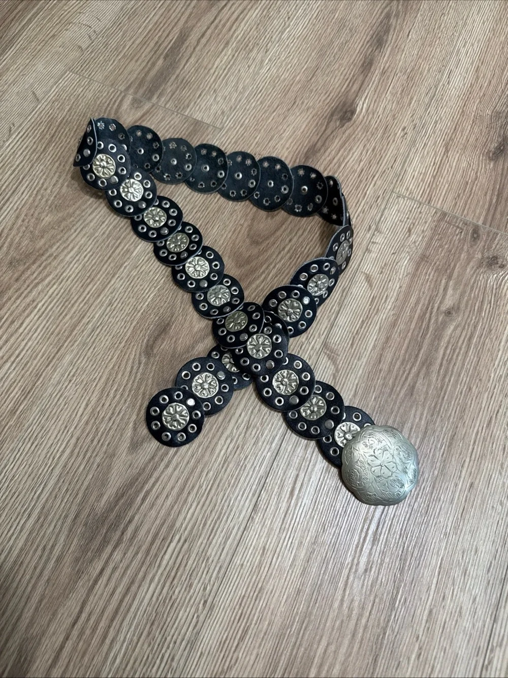 Chico's Black Leather Medallion Belt with Brass Concho